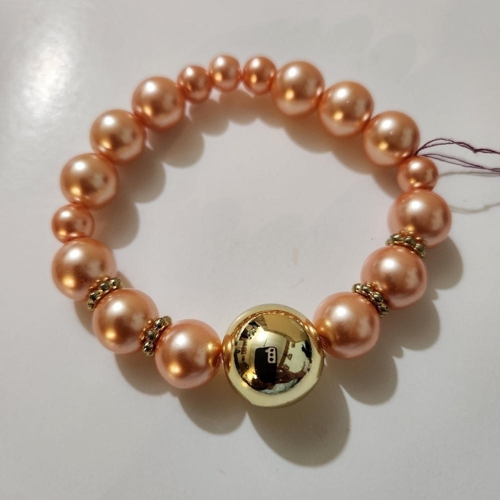 Hand Crafted Pearl Stretch Bracelet Peach and Gold Beaded